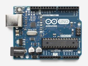 Arduino circuit board with components; power sockets on left side.